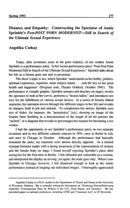Distance and Empathy: Constructing the Spectator of Annie Sprinkle's Post-POST PORN MODERNIST—Still in Search of the Ultimate Sexual Experience