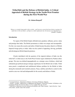 Tribal Belt and the Defence of British India: a Critical Appraisal of British Strategy in the North-West Frontier During the First World War
