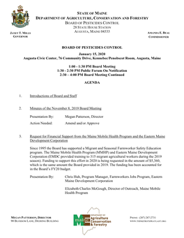 BOARD of PESTICIDES CONTROL January 15, 2020 Augusta Civic Center, 76 Community Drive, Kennebec/Penobscot Room, Augusta, Maine