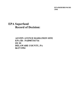 AUSTIN AVENUE RADIATION SITE EPA ID: PAD987341716 OU 01 DELAWARE COUNTY, PA 06/27/1994 Text