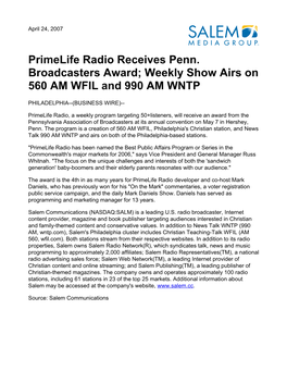Primelife Radio Receives Penn. Broadcasters Award; Weekly Show Airs on 560 AM WFIL and 990 AM WNTP