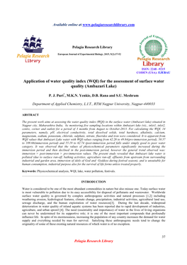 WQI) for the Assessment of Surface Water Quality (Ambazari Lake