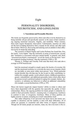 Eight PERSONALITY DISORDERS, NEUROTICISM, and LONELINESS