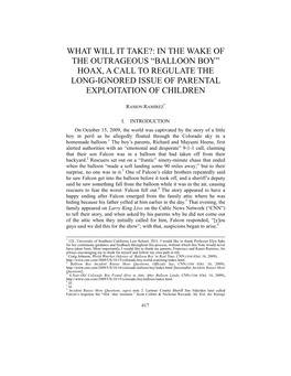 Balloon Boy” Hoax, a Call to Regulate the Long-Ignored Issue of Parental Exploitation of Children