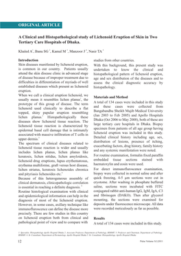 ORIGINAL ARTICLE a Clinical and Histopathological Study of Lichenoid Eruption of Skin in Two Tertiary Care Hospitals of Dhaka