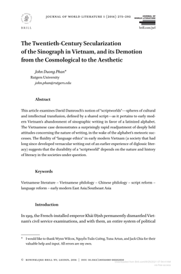 The Twentieth-Century Secularization of the Sinograph in Vietnam, and Its Demotion from the Cosmological to the Aesthetic