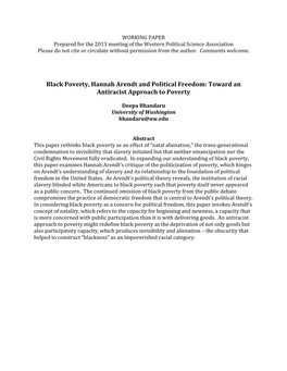 Black Poverty, Hannah Arendt and Political Freedom: Toward an Antiracist Approach to Poverty