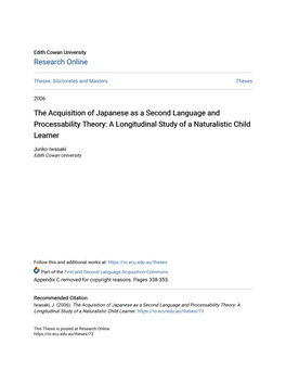 The Acquisition of Japanese As a Second Language and Processability Theory: a Longitudinal Study of a Naturalistic Child Learner