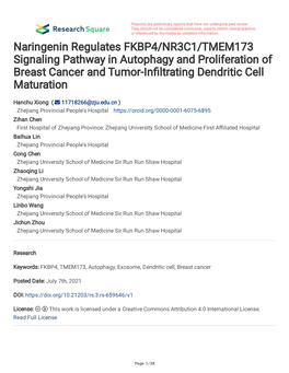 Naringenin Regulates FKBP4/NR3C1/TMEM173 Signaling Pathway in Autophagy and Proliferation of Breast Cancer and Tumor-Infltrating Dendritic Cell Maturation