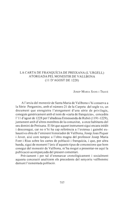 La Carta De Franquícia De Preixana (L'urgell) Atorgada Pel Monestir De Vallbona (11 D'agost De 1228)