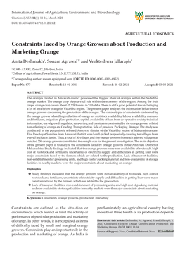 Constraints Faced by Orange Growers About Production and Marketing Orange Anita Deshmukh1, Sonam Agrawal2* and Venkteshwar Jallaraph1