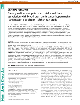 Dietary Sodium and Potassium Intake and Their Association with Blood Pressure in a Non-Hypertensive Iranian Adult Population: Isfahan Salt Study