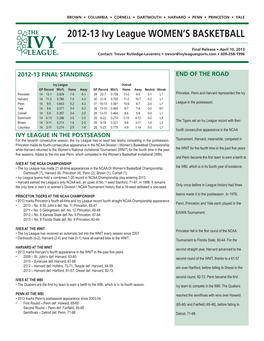 2012-13 Ivy League Women's Basketball CONFERENCE BASKETBALL STATISTICS Through Games of Jun 19, 2013 (All Games)