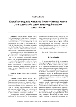 El Político Según La Visión De Roberto Brenes Mesén Y Su Correlación Con El Retrato Gubernativo Costarricense
