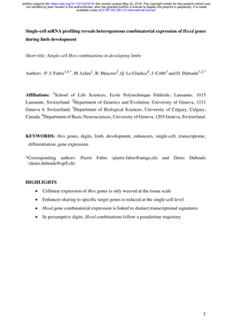 1 Single-Cell Mrna Profiling Reveals Heterogeneous Combinatorial Expression of Hoxd Genes During Limb Development Short Title