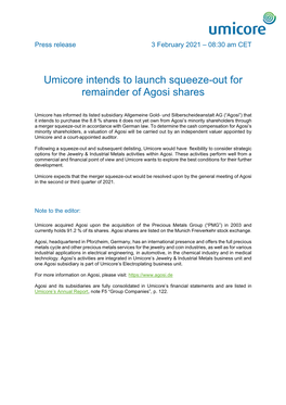 Umicore Intends to Launch Squeeze-Out for Remainder of Agosi