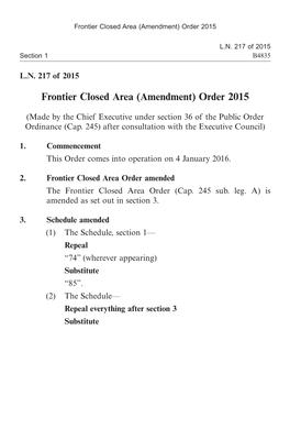 Frontier Closed Area (Amendment) Order 2015