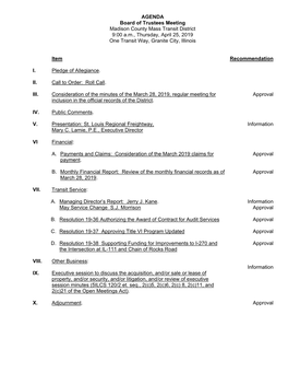 AGENDA Board of Trustees Meeting Madison County Mass Transit District 9:00 A.M., Thursday, April 25, 2019 One Transit Way, Granite City, Illinois