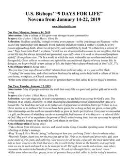 U.S. Bishops' “9 DAYS for LIFE” Novena from January 14-22, 2019