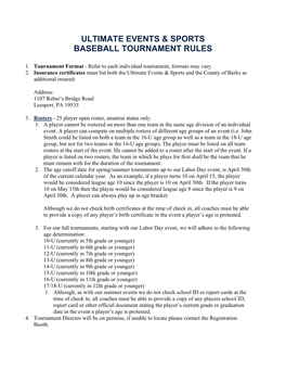 Ultimate Events & Sports Baseball Tournament Rules