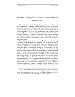 Deborah L. Rhode* This Article Explores the Leadership Challenges That Arose in the Wake of the 2020 COVID-19 Pandemic and the W