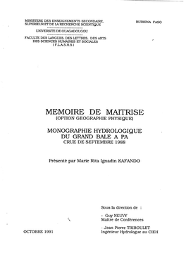 Monographie Hydrologique Du Grand Balé À Pâ