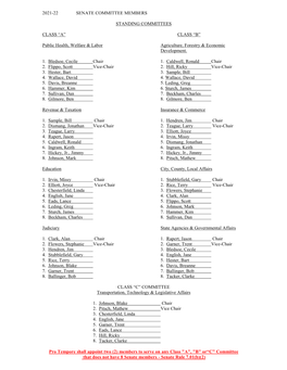 2021-22 SENATE COMMITTEE MEMBERS STANDING COMMITTEES CLASS “A” CLASS “B” Public Health, Welfare & Labor Agricultur