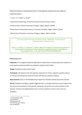 Network Analysis of Impulse Dyscontrol in Mild Cognitive Impairment and Subjective Cognitive Decline