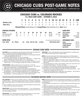 CHICAGO CUBS POST-GAME NOTES Chicago Cubs Media Relations | Cubsmedia@Cubs.Com | 773-404-4191 | Cubspressbox.Com