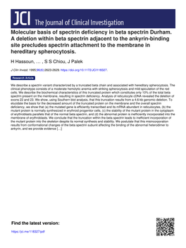 Molecular Basis of Spectrin Deficiency in Beta Spectrin Durham. a Deletion