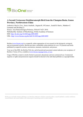 A Second Cretaceous Ornithuromorph Bird from the Changma Basin, Gansu Province, Northwestern China Author(S): Hai-Lu You , Jessie Atterholt , Jingmai K