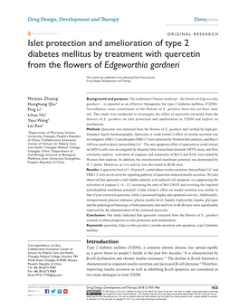 Islet Protection and Amelioration of Type 2 Diabetes Mellitus by Treatment with Quercetin from the Flowers Ofedgeworthia Gardneri