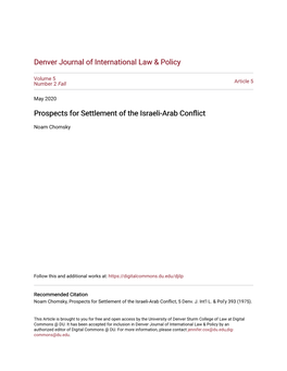 Prospects for Settlement of the Israeli-Arab Conflict