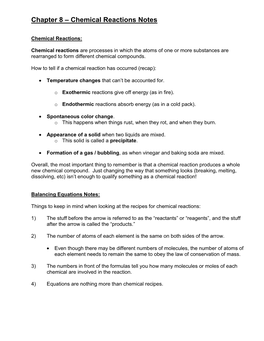 Chapter 10 – Chemical Reactions Notes