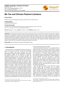 Mo Yan and Chinese Pastoral Literature