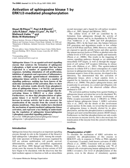 Activation of Sphingosine Kinase 1 by ERK1/2Mediated Phosphorylation