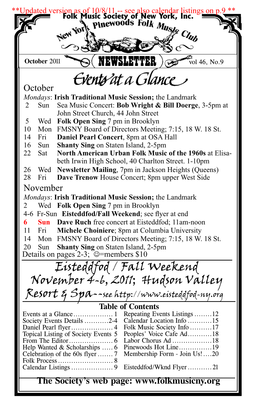 Eisteddfod / Fall Weekend November 4-6, 2011; Hudson Valley Resort & Spa--See Table of Contents Events at a Glance