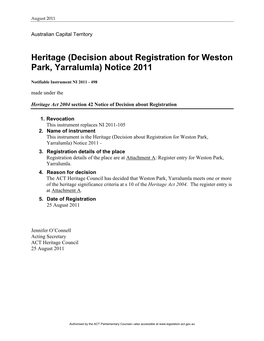 Heritage (Decision About Registration for Weston Park, Yarralumla) Notice 2011