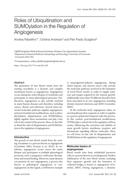 Roles of Ubiquitination and Sumoylation in the Regulation of Angiogenesis