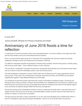 Premier of Tasmania - Anniversary of June 2016 Floods a Time for Reflection