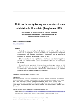 Noticias De Caciquismo Y Compra De Votos En El Distrito De Montalbán (Aragón) En 1905