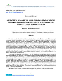 Measures to Stabilize the Socio-Economic Development of Regions in a Pandemic (On the Example of the Industrial Complex of the Tashkent Region)