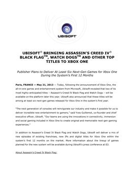 Ubisoft® Bringing Assassin's Creed Iv® Black Flagtm, Watch Dogstm