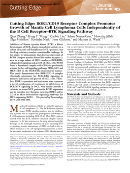 ROR1/CD19 Receptor Complex Promotes Growth of Mantle Cell Lymphoma Cells Independently of the B Cell Receptor–BTK Signaling Pathway † Qian Zhang,* Hong Y