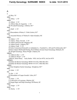 Family Genealogy SURNAME INDEX to Date 12312015 A