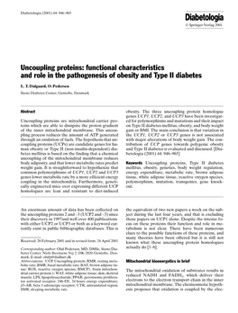 Uncoupling Proteins: Functional Characteristics and Role in the Pathogenesis of Obesity and Type II Diabetes
