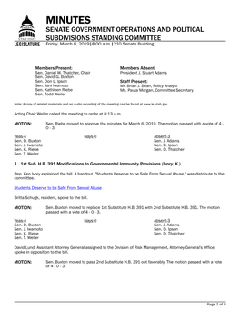 MINUTES SENATE GOVERNMENT OPERATIONS and POLITICAL SUBDIVISIONS STANDING COMMITTEE Friday, March 8, 2019|8:00 A.M.|210 Senate Building