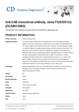 Anti-C4B Monoclonal Antibody, Clone FQS3001(3) (DCABH-5883) This Product Is for Research Use Only and Is Not Intended for Diagnostic Use
