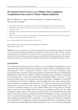 Elevational Record of Vanessa Carye (Hübner 1812) (Lepidoptera Nymphalidae) in the Northern Chilean Altiplano Highlands