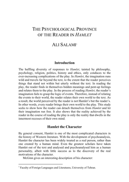 The Psychological Province of the Reader in Hamlet Ali